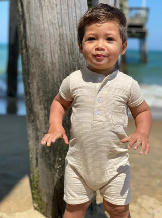 CAMBORNE Beige Henley Romper - Lindsey Paige
