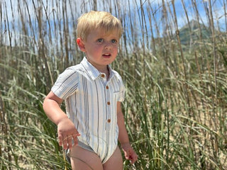 HELFORD Navy/Blue/White Wide Stripe Woven Onesie - Lindsey Paige