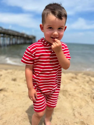 CHARLIE Red/White Striped Hooded Romper - Lindsey Paige