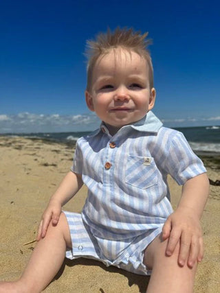 SANDY Blue/White Stripe Woven Romper - Lindsey Paige