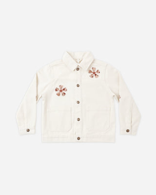 Denim Chore Coat in Daisy Patch – front view of natural denim jacket with point collar, patch pockets and brass buttons