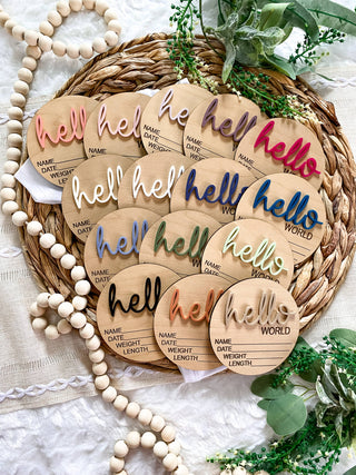 Hello World Birth Stat Announcement Wood Disc - Layered 3D: Rose / 4 inch