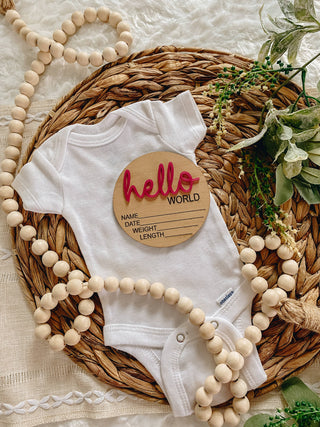 Hello World Birth Stat Announcement Wood Disc - Layered 3D: Rose / 4 inch