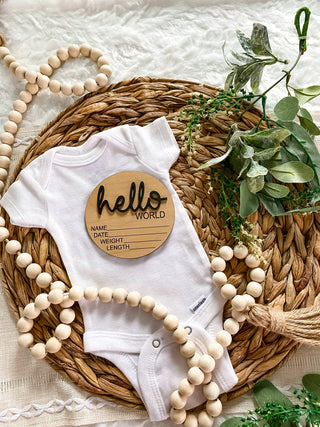 Hello World Birth Stat Announcement Wood Disc - Layered 3D: White / 4 inch - Lindsey Paige