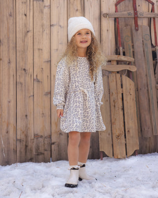 Tate Dress in Blue Leopard – girls long sleeve dress with gathered waist and adjustable drawstring tie