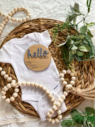 Hello World Birth Stat Announcement Wood Disc - Layered 3D: Rose / 4 inch