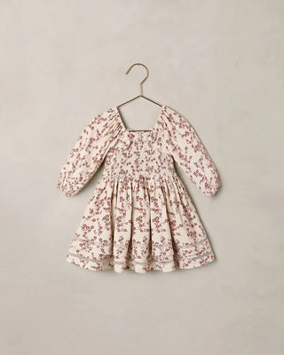 Ivory floral toile smocked dress with long balloon sleeves and lace trim skirt on hanger, flat product shot