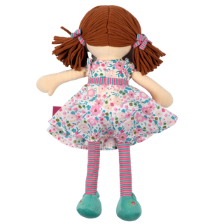 Katy  Dark Brown Hair with Pink and Sea Green Dress