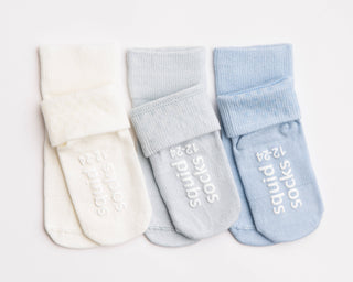 Casen - Non-Slip Baby Socks in Ivory, Powder and Baby Blue : 6 - 12M