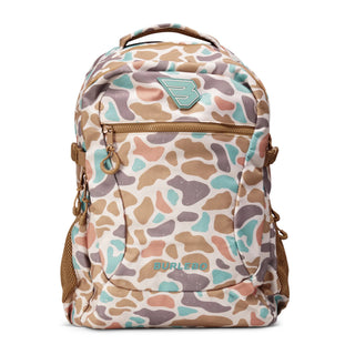 Burlebo Bayside Camo Backpack in tan, blush, and sage camo print, front view showing zipper compartments and side mesh pockets