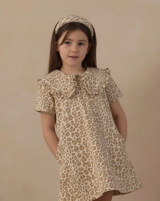 Collared Denim Mini Dress in Light Leopard – girl wearing short-sleeve A-line dress with ruffle-trim collar