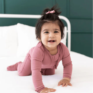 Ribbed Ruffle Zippered Footie in Dusty Rose - Lindsey Paige