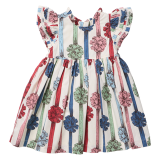 Pink Chicken Jennifer Double Ruffle Dress in cream with red, blue and gray bow stripes, ruffle collar and double ruffle sleeves