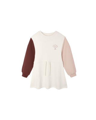 White dress with maroon and pink sleeves on a white background