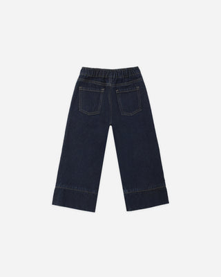 Patch Pocket Pant in Dark Indigo – back view showing back pockets and elasticized back waistband