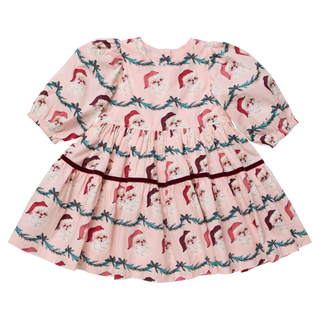 Pink Chicken Girls Maribelle Dress in pink Santa Garland print with puff sleeves and burgundy velvet-trimmed tiers