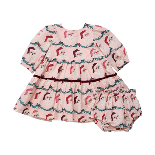Pink Chicken Baby Maribelle Dress Set in pink Santa Garland print with puff sleeves and burgundy velvet trim