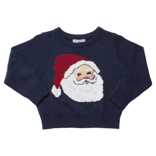 Pink Chicken Boys Oliver Sweater in navy knit with a jolly Santa face, ribbed crewneck, cuffs and waist