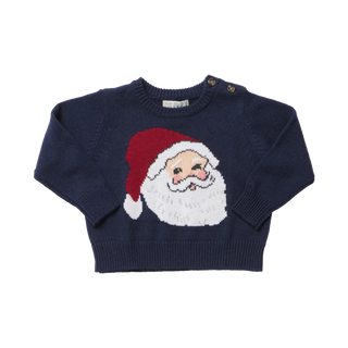 Pink Chicken Baby Boys Oliver Sweater in navy knit with a jolly Santa face and faux horn shoulder buttons