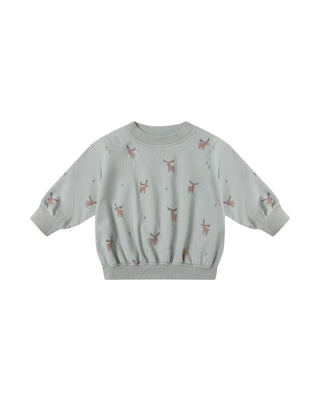 Light blue sweatshirt with moose pattern on a white background
