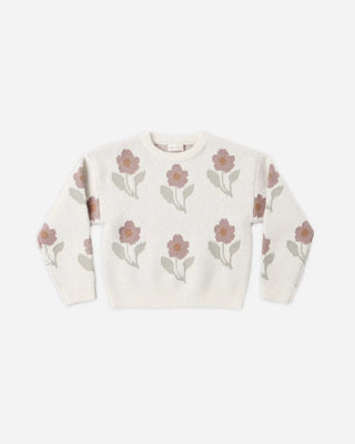 Ivory knit crewneck sweater laid flat, featuring an all-over dusty pink floral print with sage green leaves and ribbed cuffs, collar, and hem.