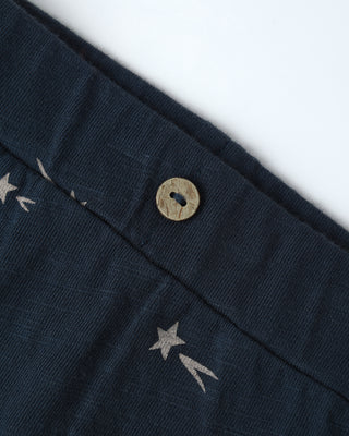 Navy blue fabric with star patterns and a button on a white background