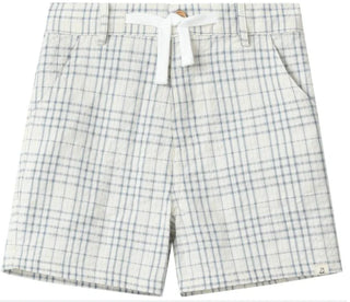 Boys' seersucker plaid shorts in white and blue check with white drawstring waist tie and side pockets, laid flat on white background."