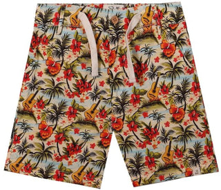 Boys' cream tropical print shorts with palm trees, hibiscus flowers, and ukuleles."