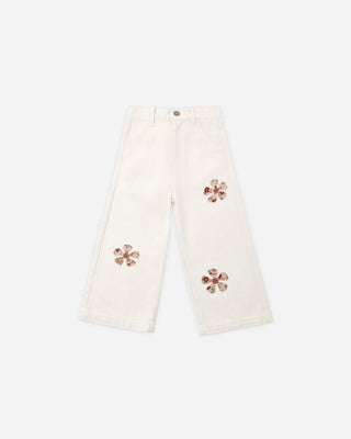Straight Leg Pant in Daisy Patch – front view of natural denim pant with floral daisy appliqués