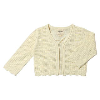Cream-colored crochet cardigan on a white background