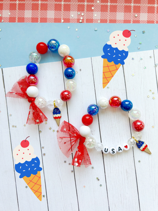 4th of July Kids Ice Cream Beaded Charm Bracelet: Child 6”