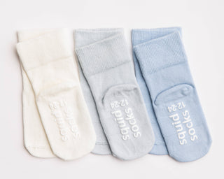 Casen - Non-Slip Baby Socks in Ivory, Powder and Baby Blue : 6 - 12M