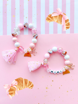 Croissant and Bow Kids Beaded Charm Bracelet: Child 6”