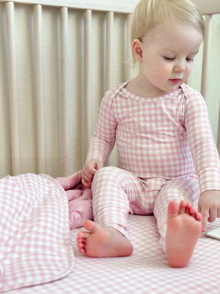Bamboo Convertible Baby Pajamas - Pink Gingham - Lindsey Paige