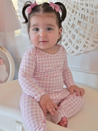 Bamboo Convertible Baby Pajamas - Pink Gingham - Lindsey Paige