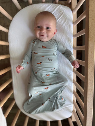 Bamboo Zipper Baby Gown – "Woof" Dachshund Print (NB - 3M) - Lindsey Paige