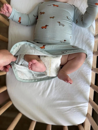 Bamboo Zipper Baby Gown – "Woof" Dachshund Print (NB - 3M) - Lindsey Paige