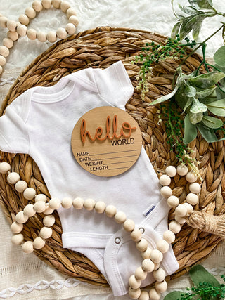Hello World Birth Stat Announcement Wood Disc - Layered 3D: Deep Teal / 4 inch