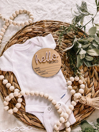 Hello World Birth Stat Announcement Wood Disc - Layered 3D: Deep Teal / 4 inch