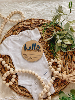 Hello World Birth Stat Announcement Wood Disc - Layered 3D: Deep Teal / 4 inch