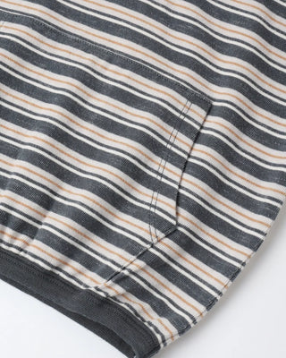 Close-up of a striped knit pocket detail in midnight navy, cream, and rust, showing the multi-stripe pattern and stitched pocket edge.