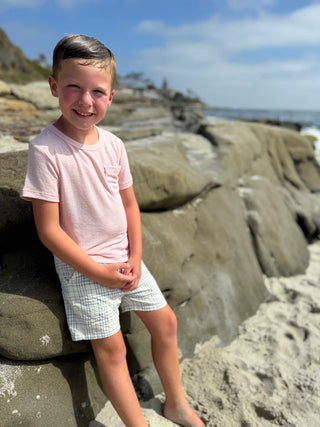 Young boy wearing a pink pocket t-shirt and blue-and-white plaid seersucker shorts, smiling while leaning against large rocks on a beach with the ocean in the background.