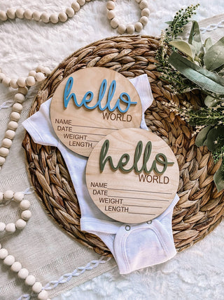 Hello World Birth Stat Announcement Wood Disc - Layered 3D: Deep Teal / 4 inch - Lindsey Paige