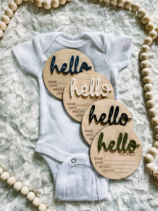 Hello World Birth Stat Announcement Wood Disc - Layered 3D: Deep Teal / 4 inch - Lindsey Paige