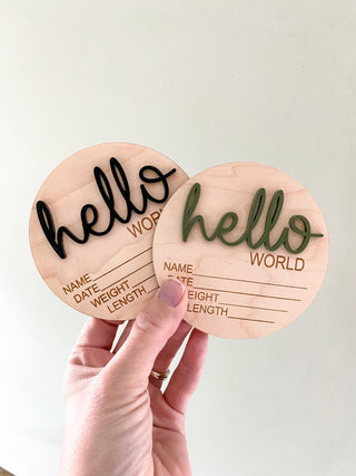 Hello World Birth Stat Announcement Wood Disc - Layered 3D: Deep Teal / 4 inch - Lindsey Paige