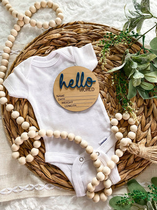 Hello World Birth Stat Announcement Wood Disc - Layered 3D: Deep Teal / 4 inch - Lindsey Paige