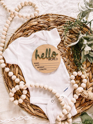 Hello World Birth Stat Announcement Wood Disc - Layered 3D: Deep Teal / 4 inch - Lindsey Paige