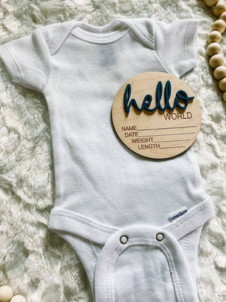 Hello World Birth Stat Announcement Wood Disc - Layered 3D: Deep Teal / 4 inch - Lindsey Paige