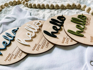 Hello World Birth Stat Announcement Wood Disc - Layered 3D: Deep Teal / 4 inch - Lindsey Paige