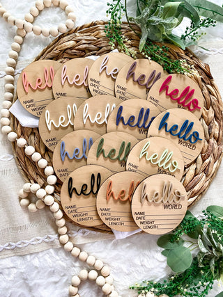 Hello World Birth Stat Announcement Wood Disc - Layered 3D: Deep Teal / 4 inch - Lindsey Paige